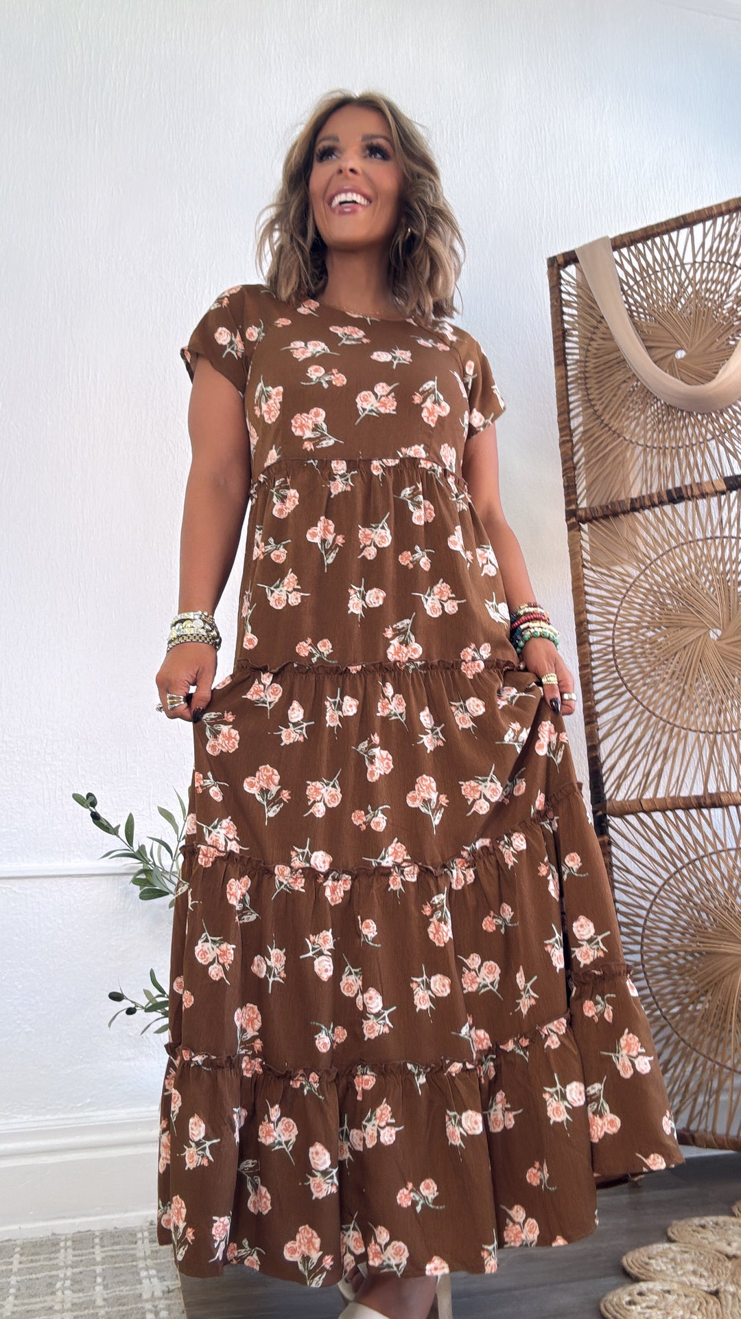 brown patterned maxi dress It's All Her Own Brown Multi Floral Print Cotton Maxi Dress