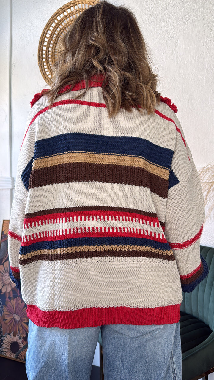 The Cabin Half Zip, Sand/Red Multi