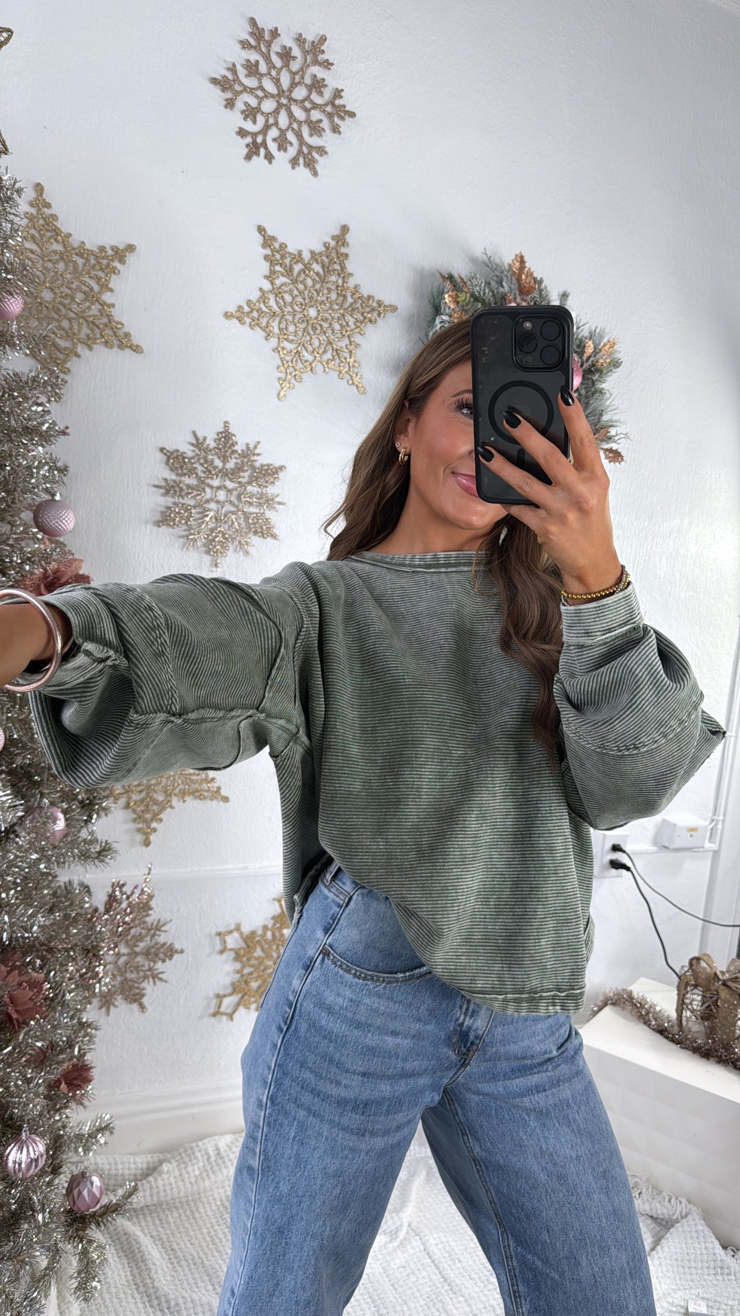 DOORBUSTER: Acid Washed Ribbed Cropped Pullover, DK Olive