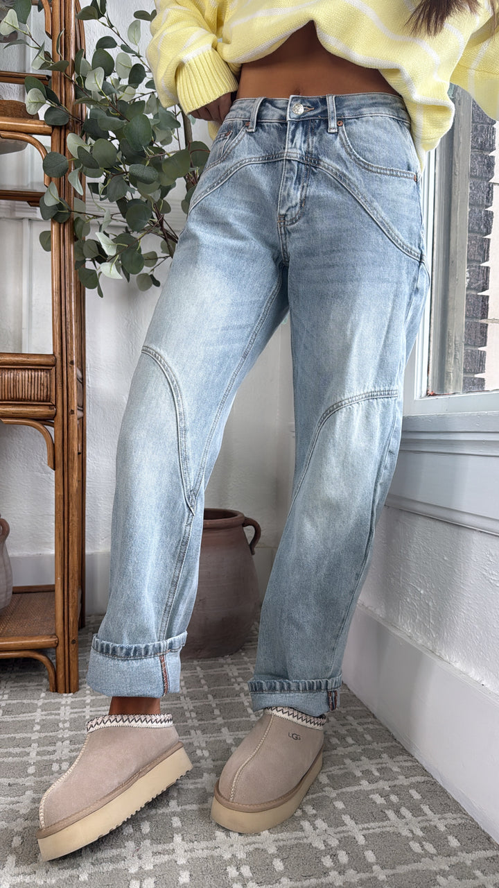 SAIGE: Studio Ready Barrel Jeans, Medium Light