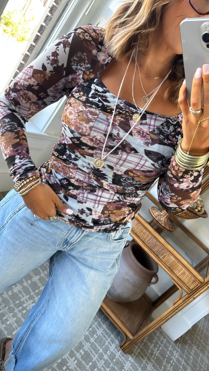 Faded Flora Mesh Top, Lt.Blue/Purple