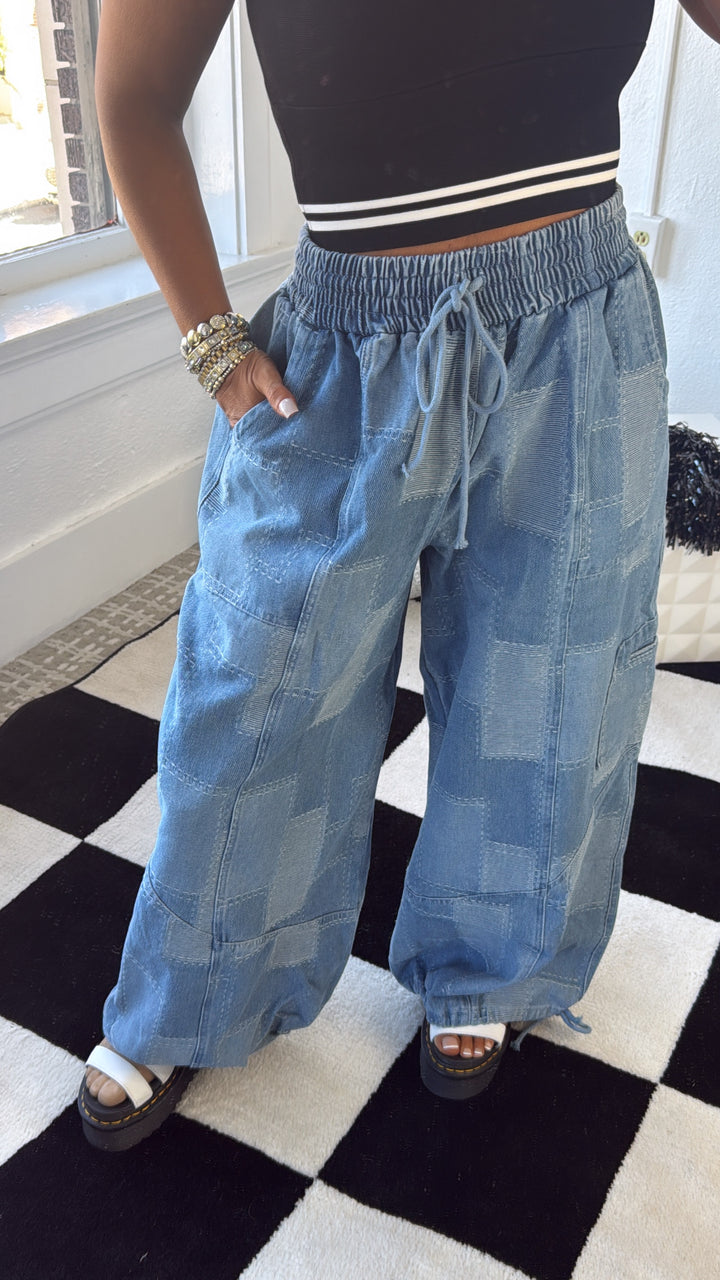 ECB Exclusive: Demi Denim Checkered Patchwork Jogger Pant