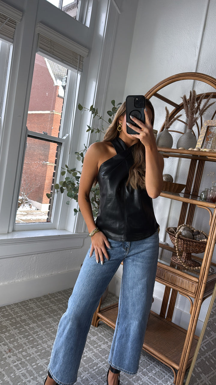 Aveline Faux Leather Top, Black