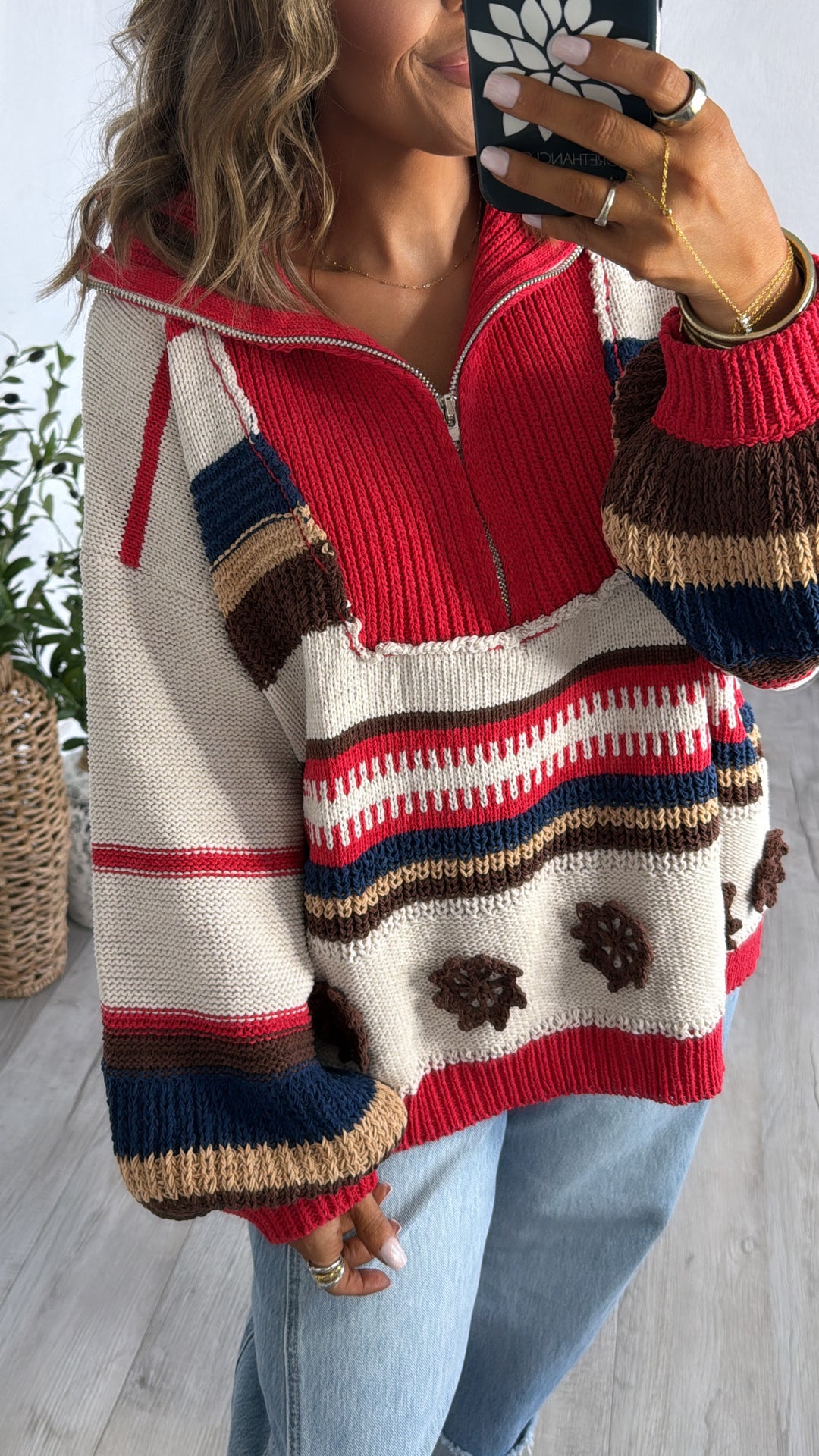 The Cabin Half Zip, Sand/Red Multi