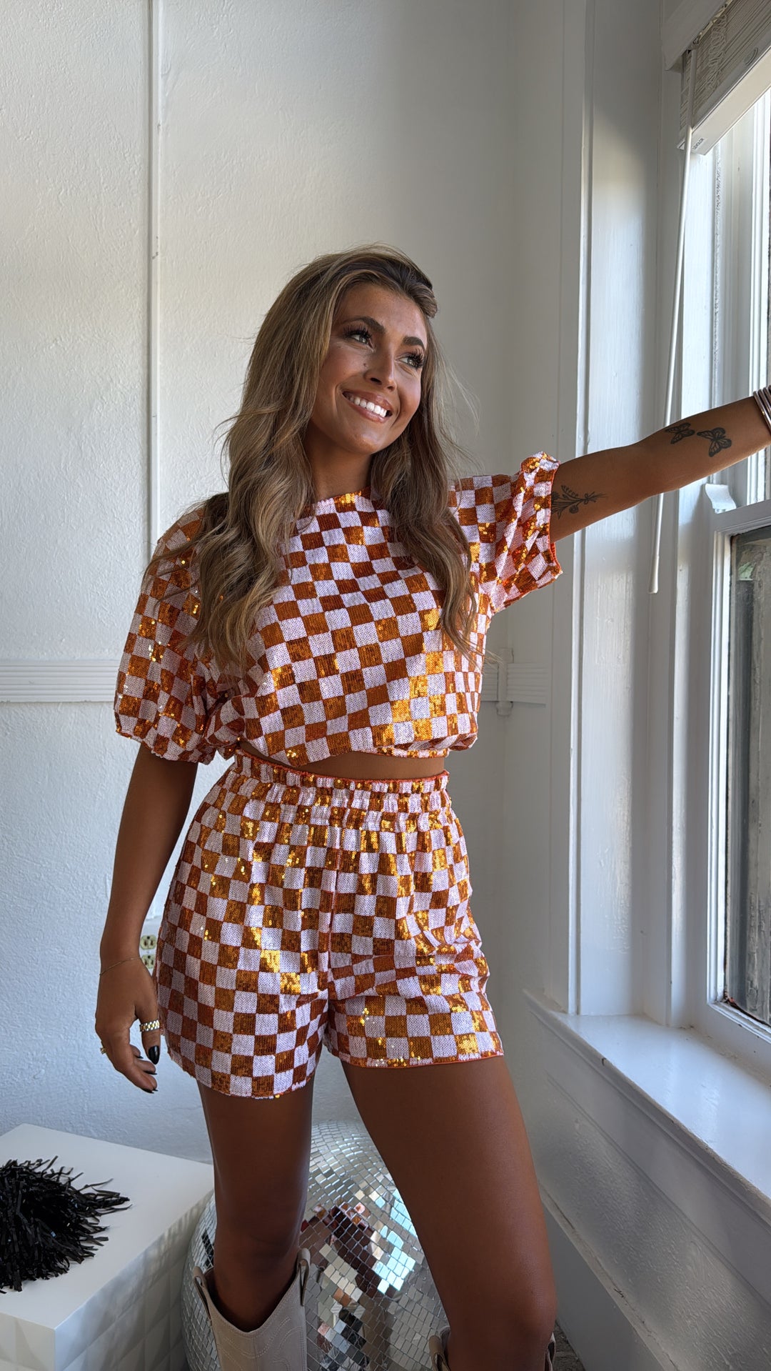 Orange & White Gameday Checkered Sequin Set
