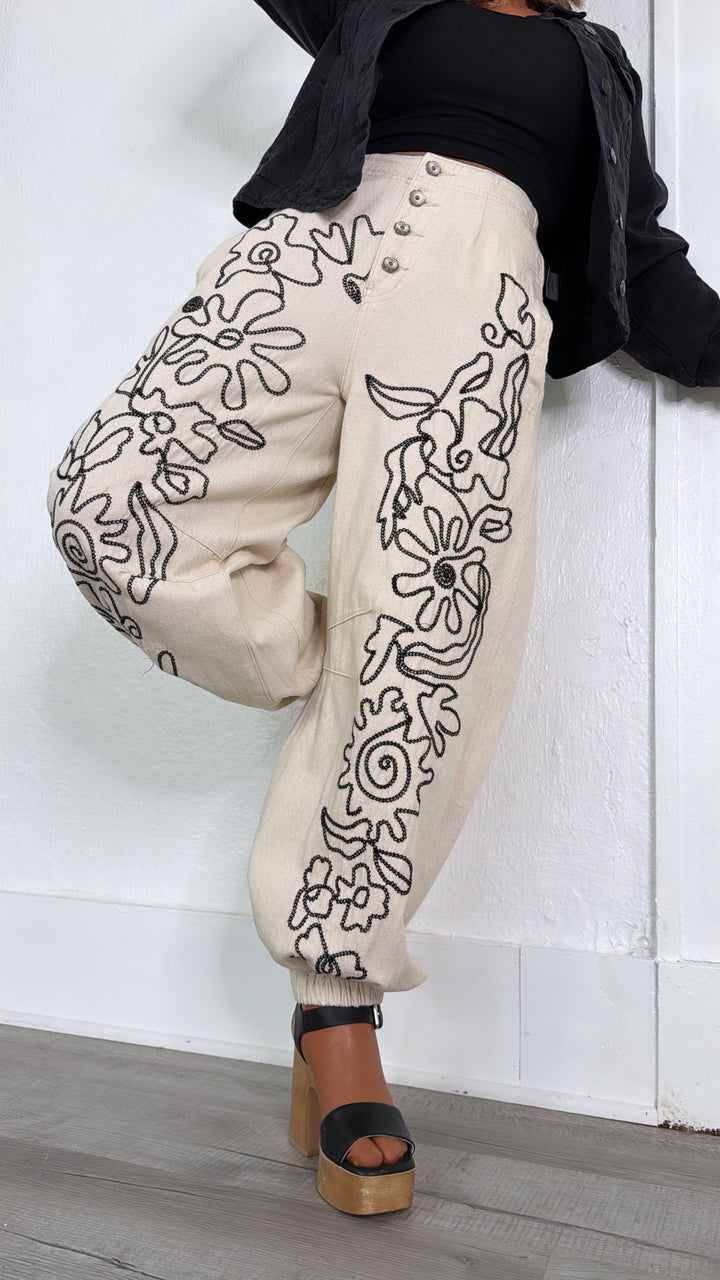 For The Love Of Floral Embroidered Denim Jogger, Oatmilk