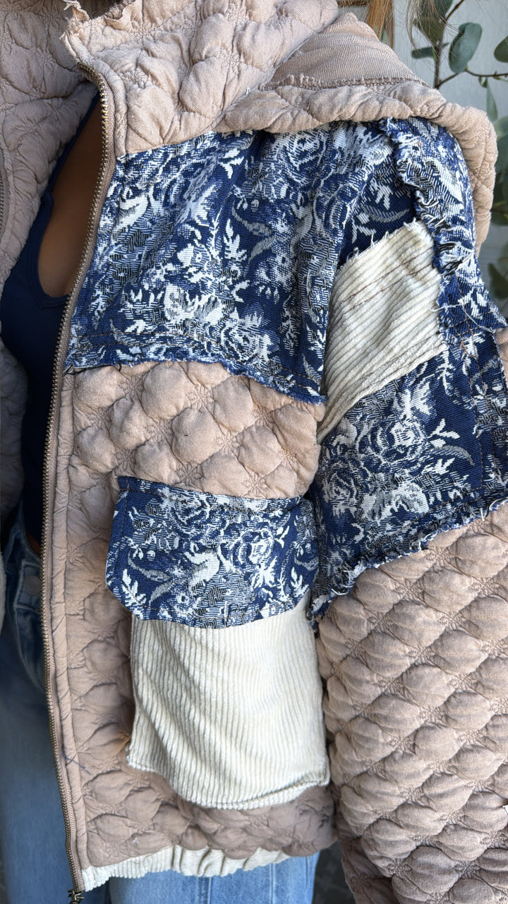 Now Trending Oversized Contrast Quilted Jacket, Tan/Denim Blue