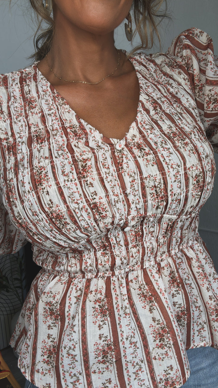 Dakota Smocked Blouse, Brown Multi