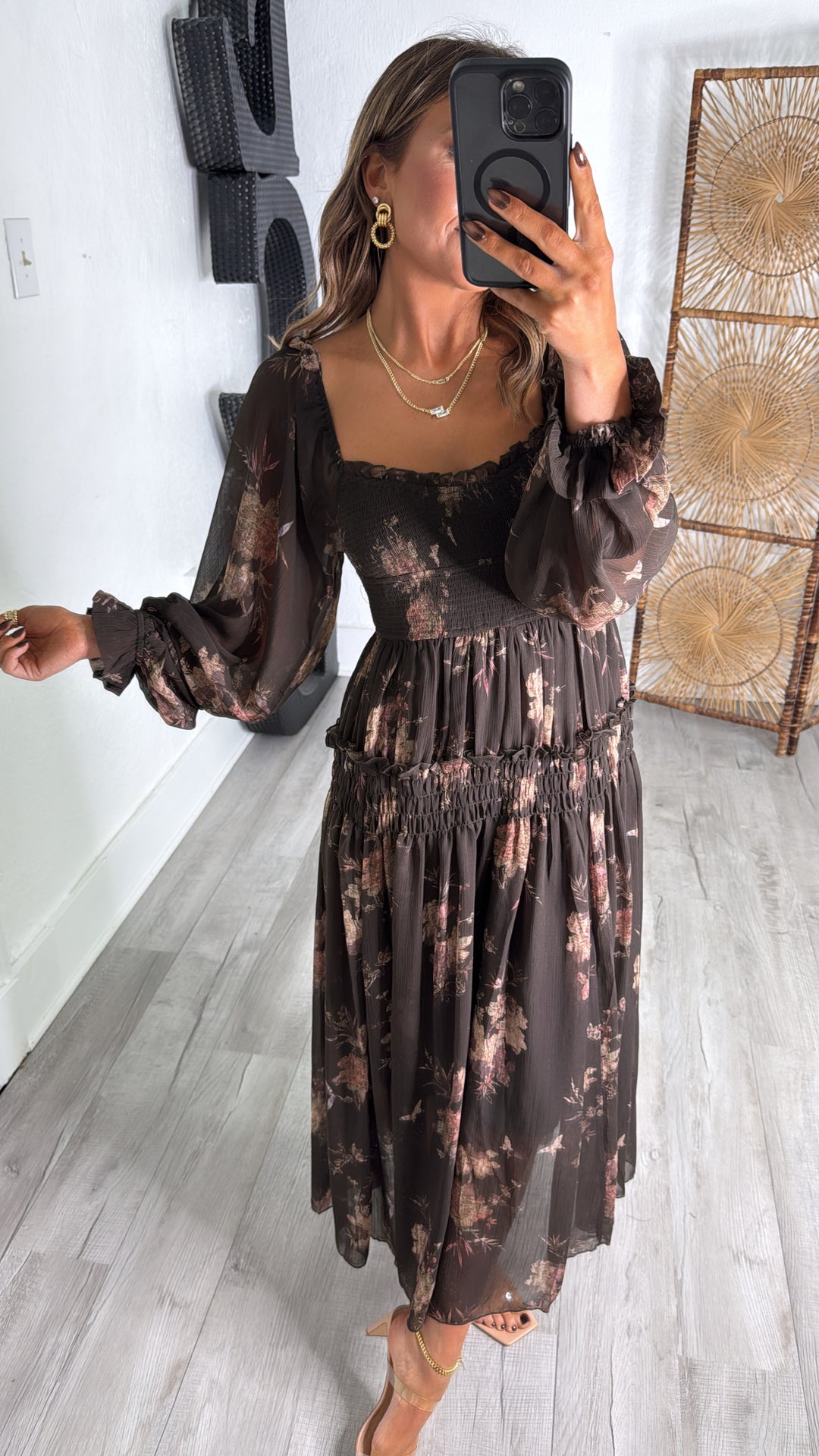 Dusty Bloom Midi Dress, Espresso