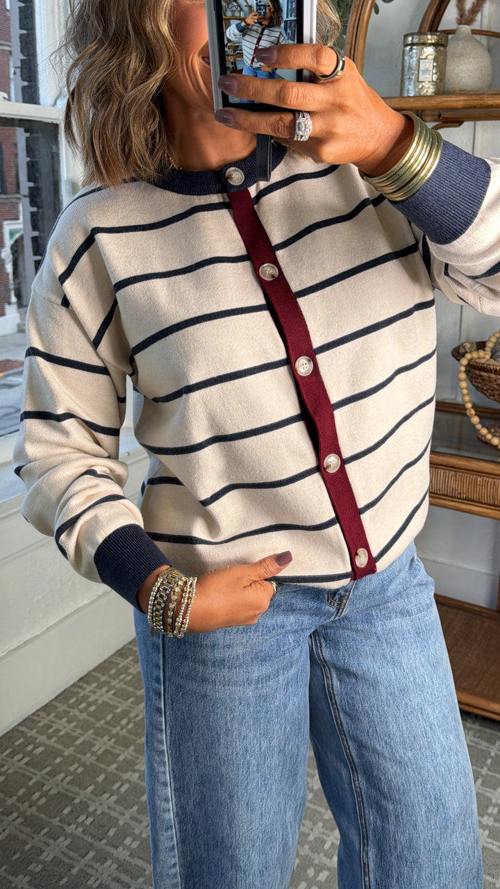 Timeless Stripe Knit Sweater, Oatmeal/Navy Stripe