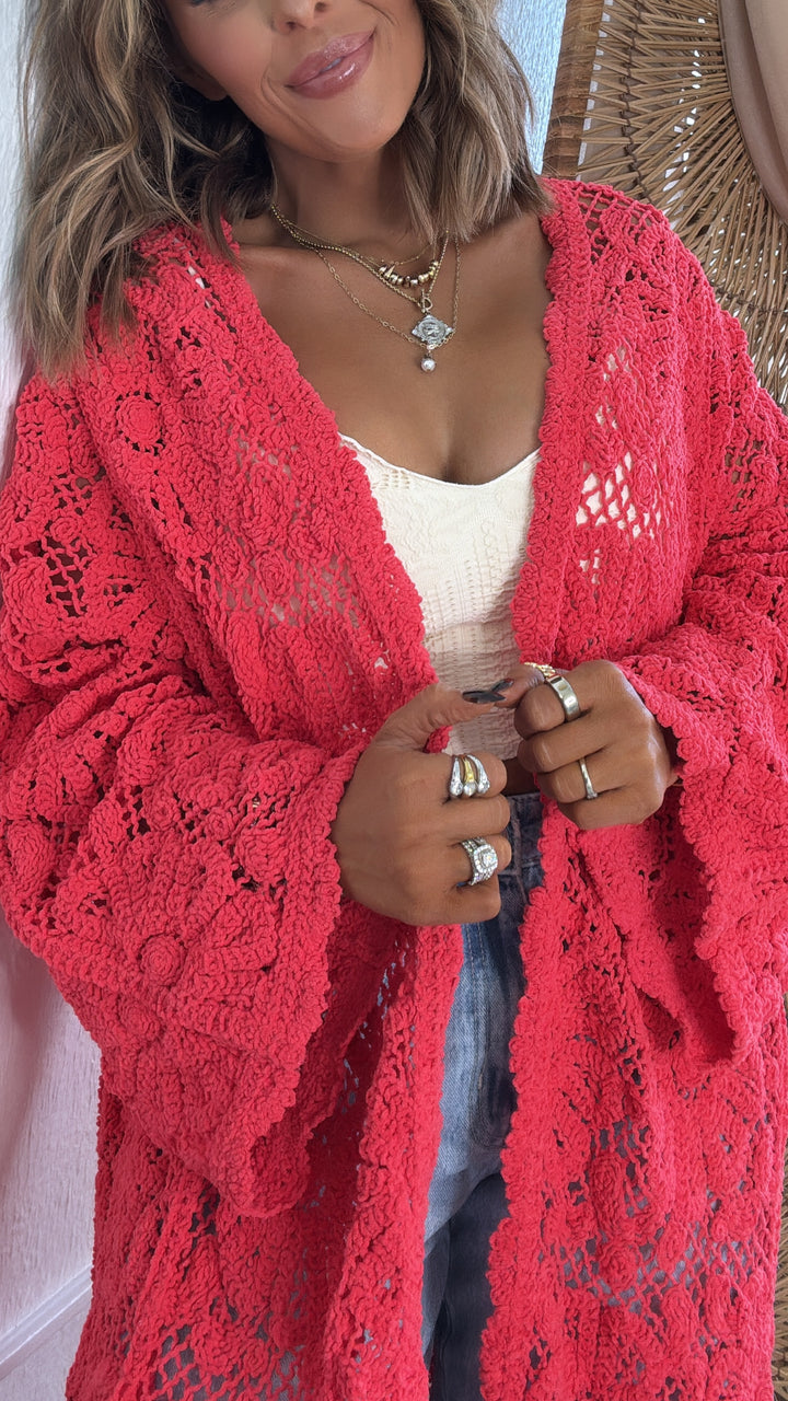 Sunset Soul Crochet Duster, Apple Coral