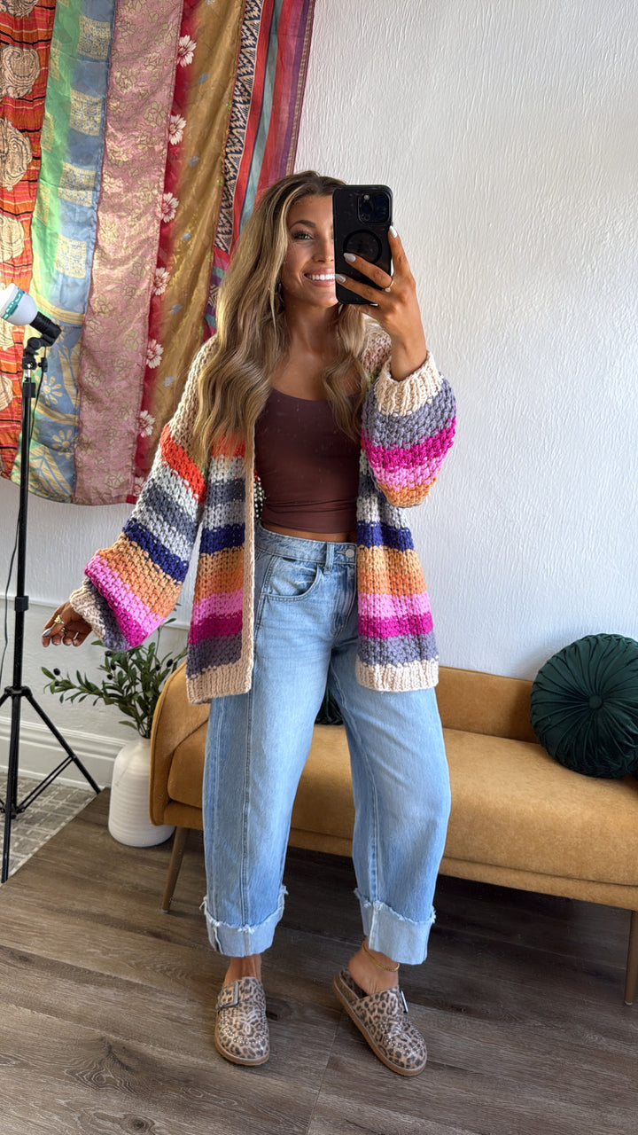 Hand Crochet Oversized Cardigan, Cream Multi