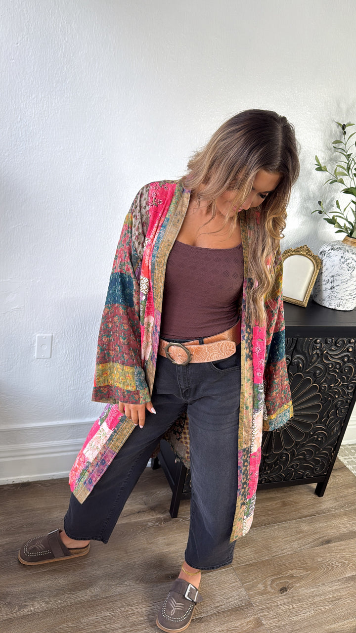 Laguna Mist Patchwork Duster Cardigan, Taupe/Pink/Multi