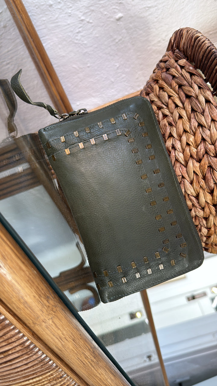 Take The Stage Studded Clutch, Olive