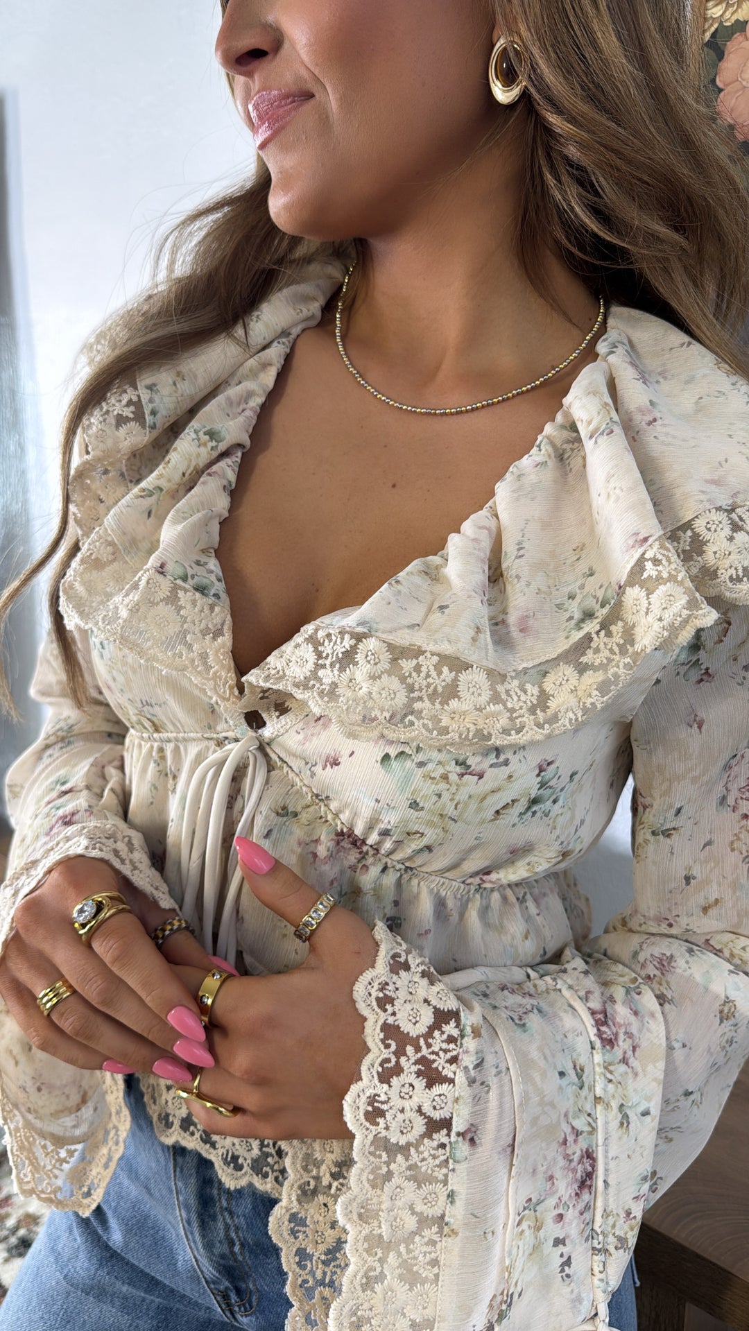 Dainty Pearl Floral Top, Sand