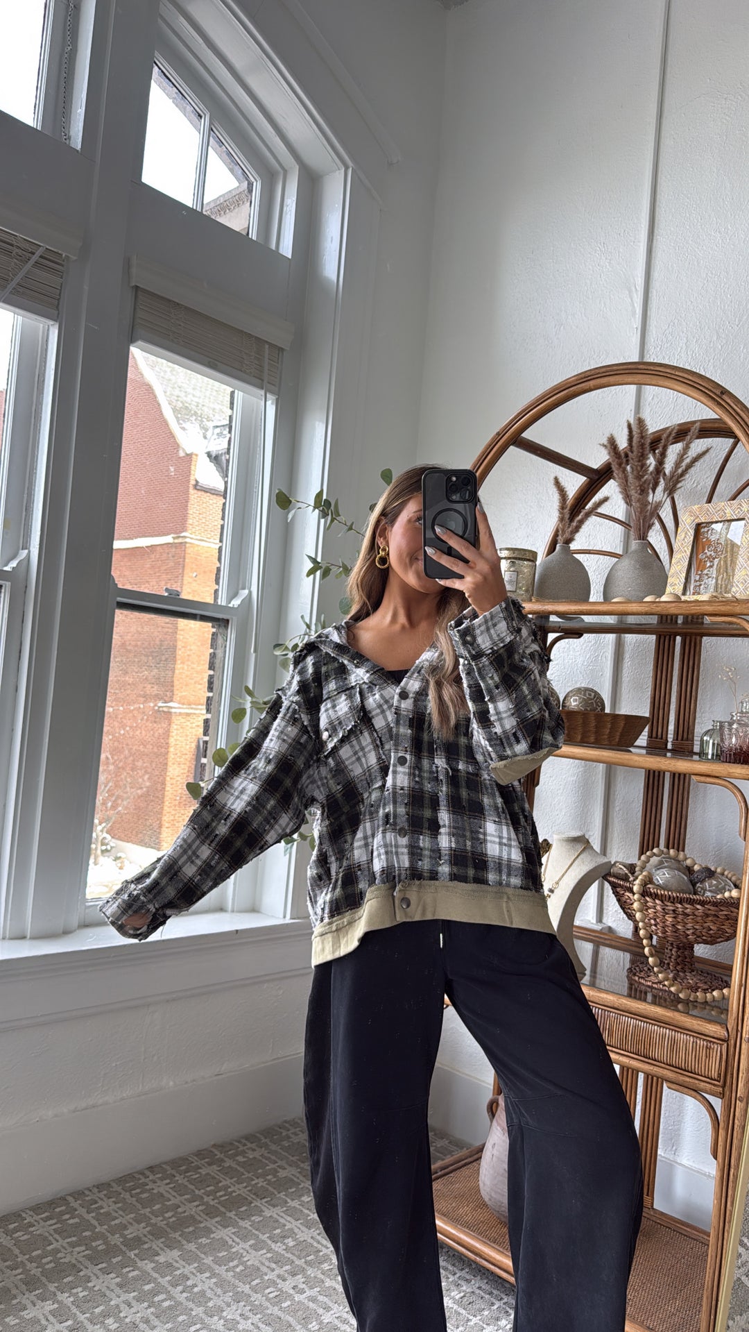 Birch Cabin Flannel Top, Olive/ Black