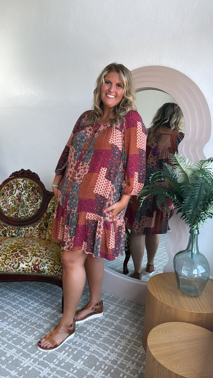 Boho Chic Long Sleeve Patchwork Mini Dress