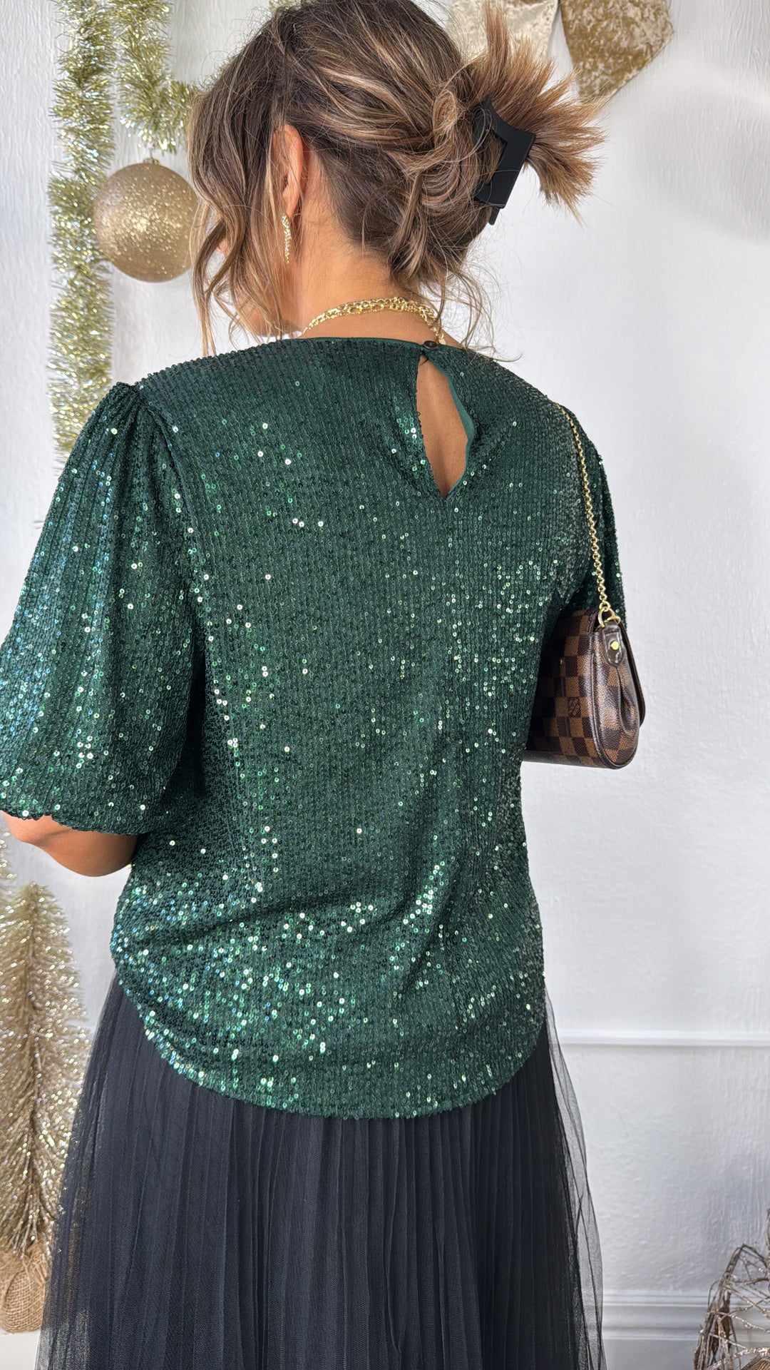 More Cheer Half Puff Sleeve Sequin Top, Green