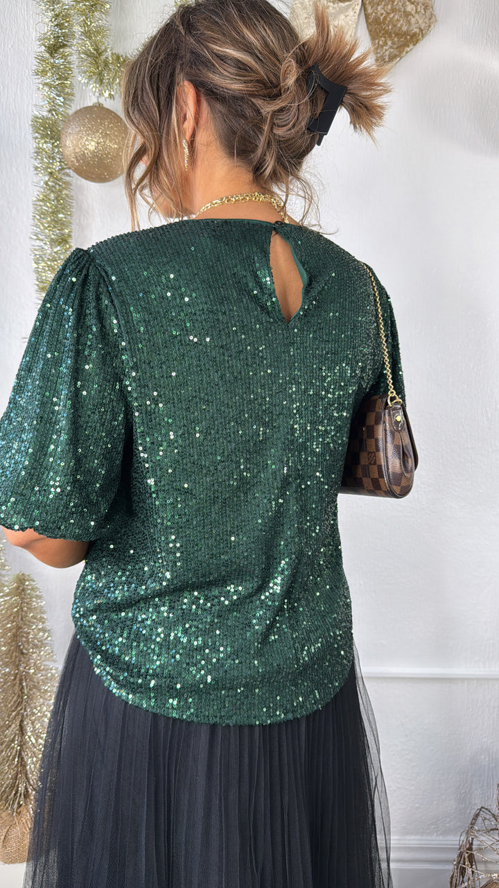 More Cheer Half Puff Sleeve Sequin Top, Green