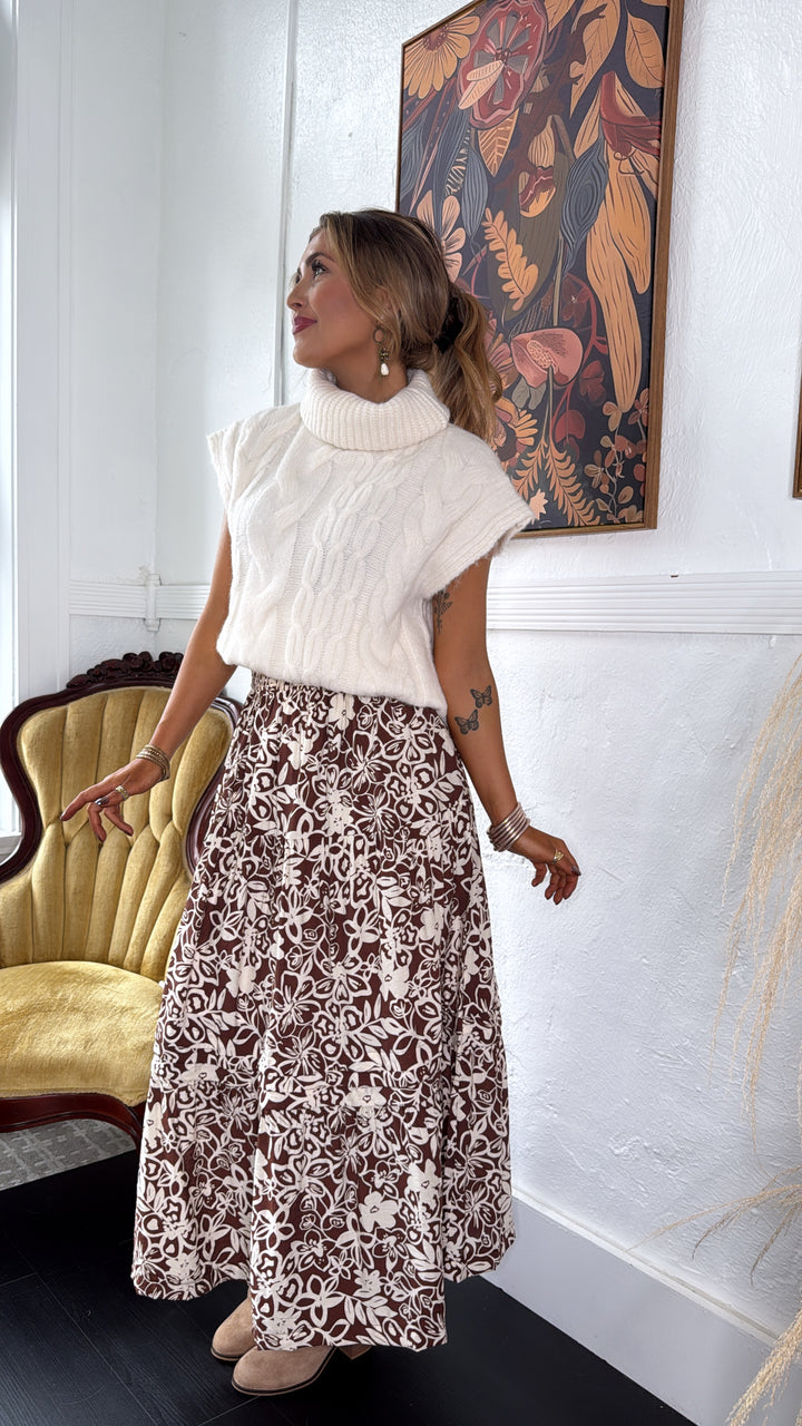Picture Perfect Floral Tiered Midi Skirt, Brown