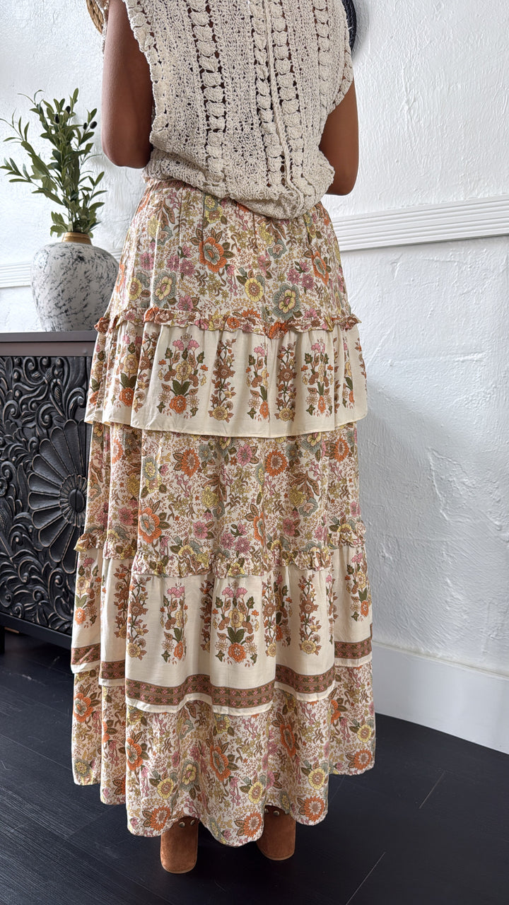 Garden Fields Maxi Skirt, Cream Multi