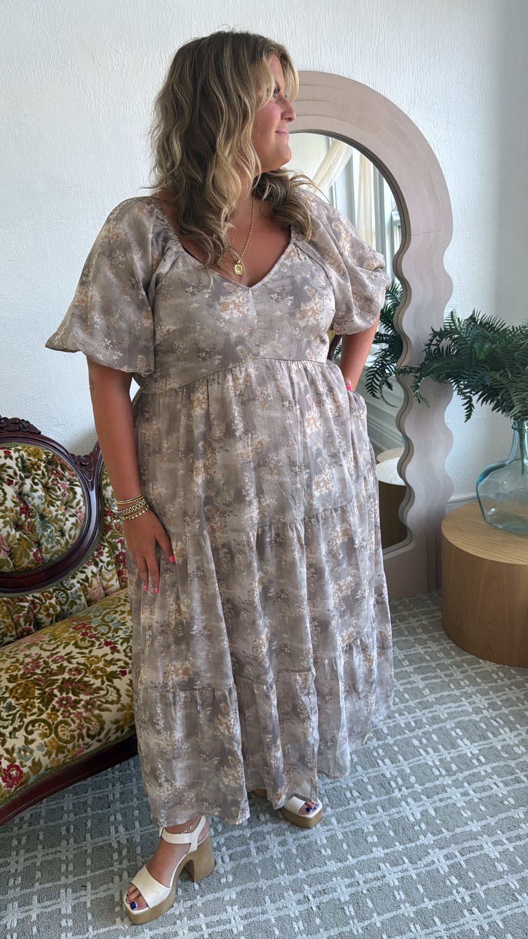 Granite Hues Whimsical Bubble Sleeve Maxi Dress, Taupe 3XL
