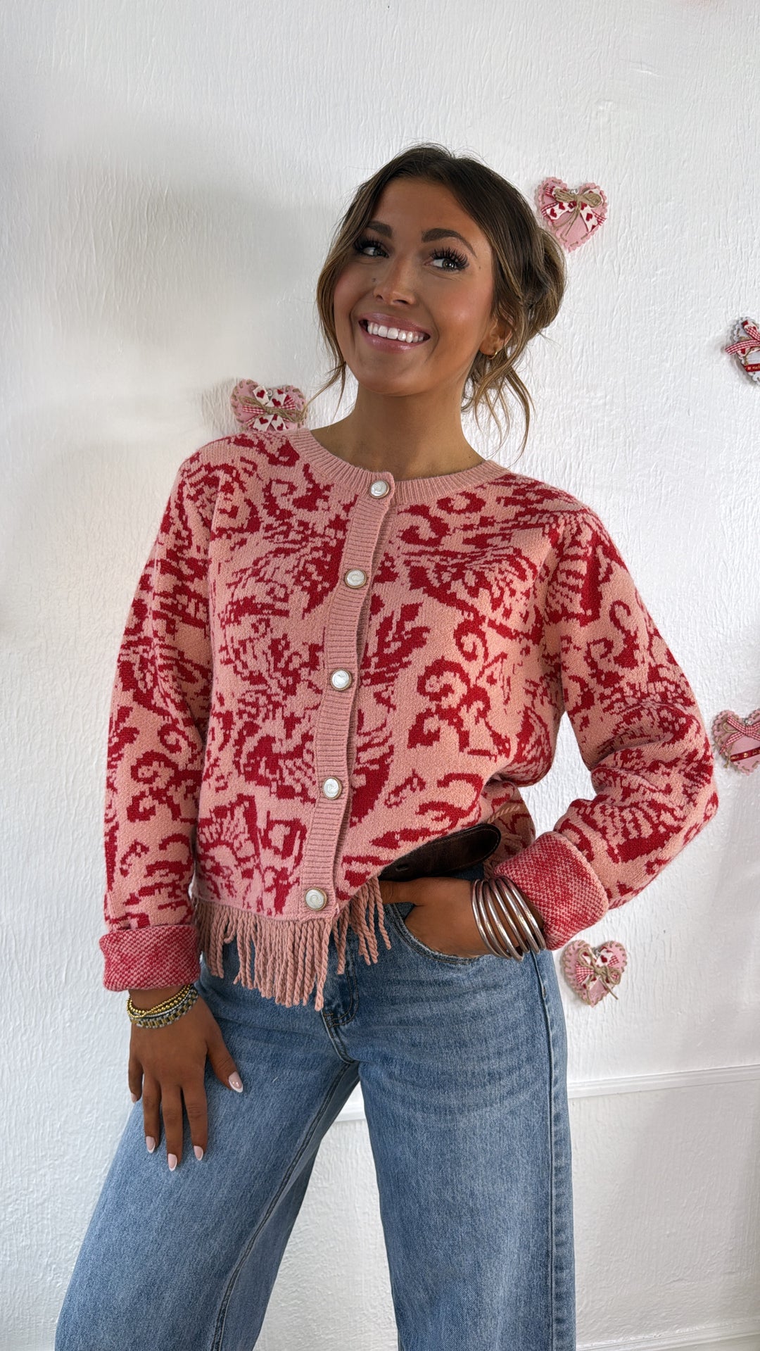 Antique Roseweave Cardigan, Coral Red