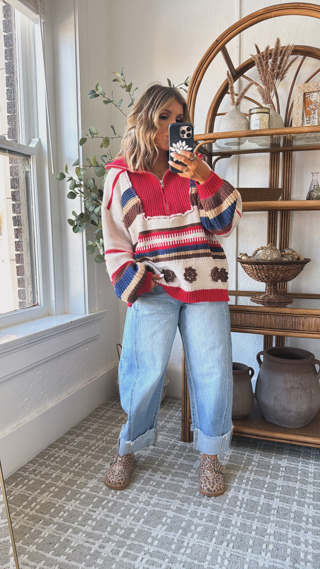 The Cabin Half Zip, Sand/Red Multi