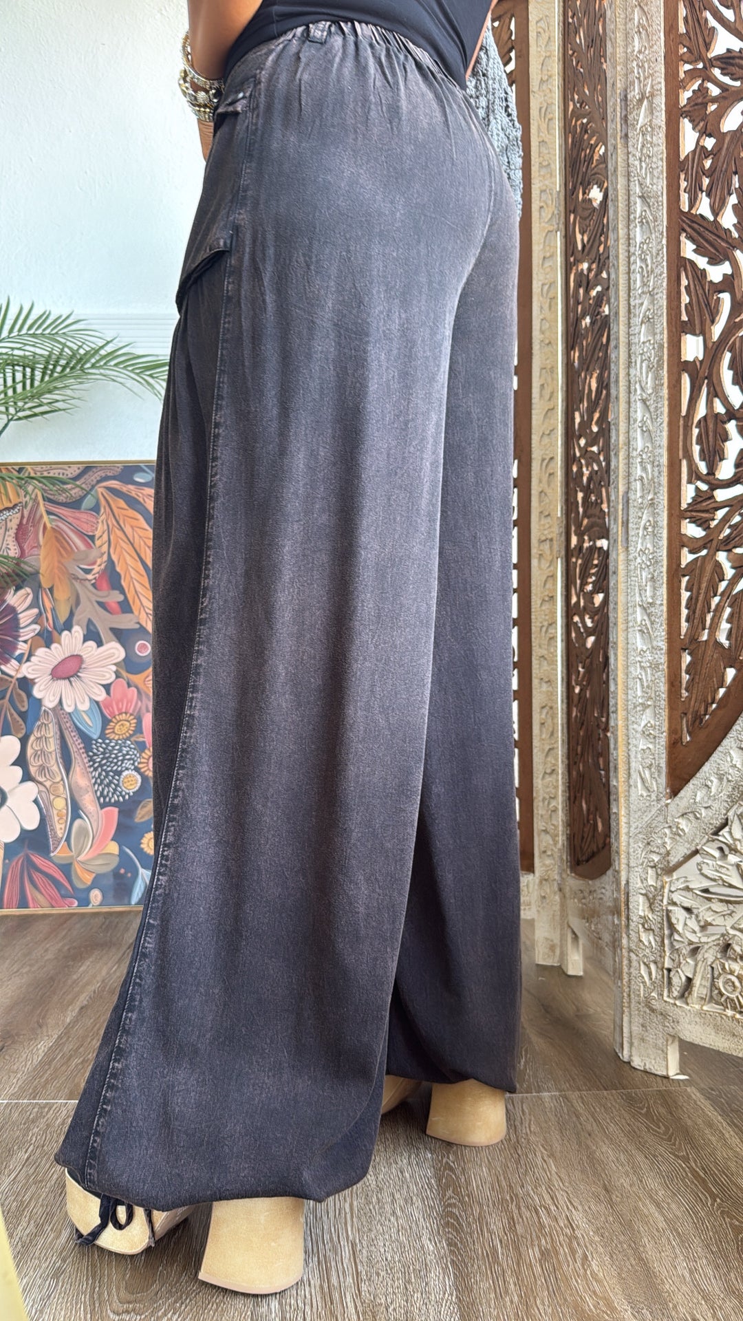 Washed Wide Leg Parachute Pants, Black