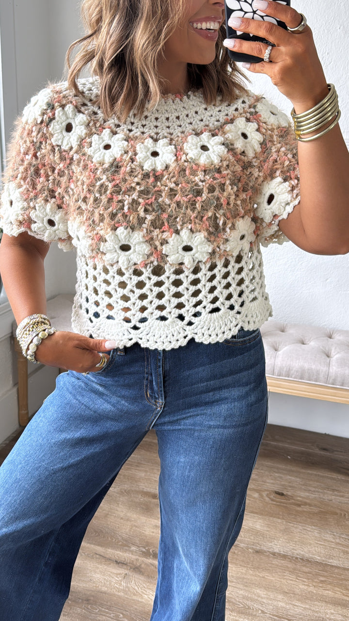 Garden Knit Sweater Top, Beige/Pink