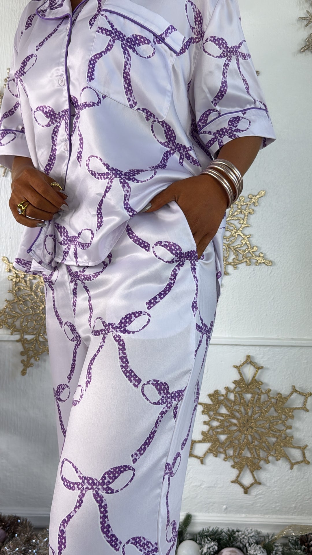 Bliss & Bows Satin Pajama Set, Purple