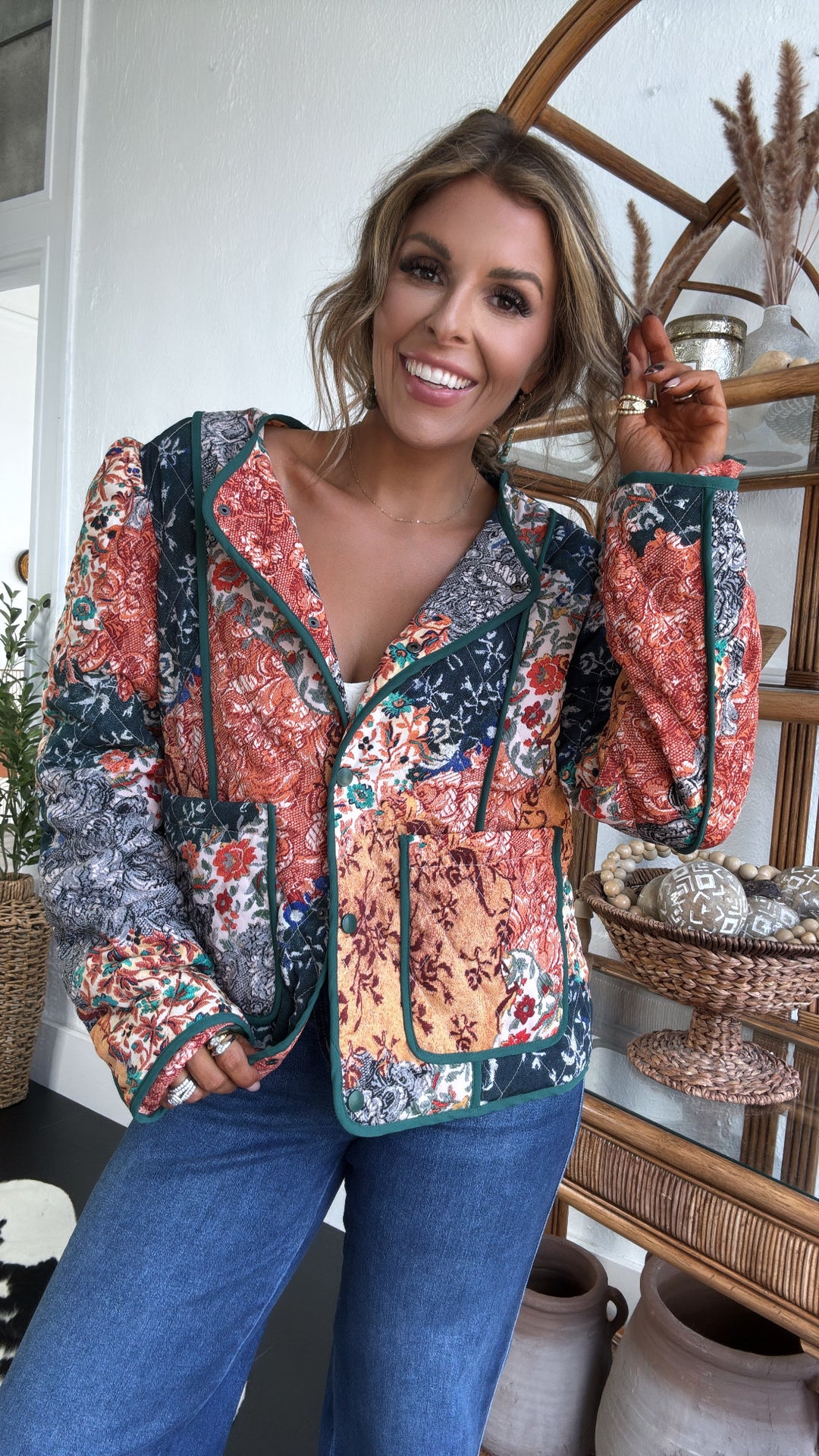 Dream in Patterns Quilted Patchwork Jacket, Navy