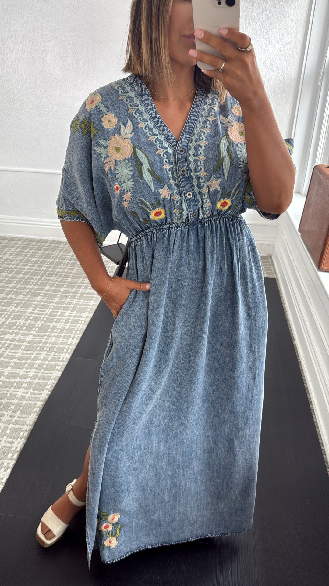 Chambray Stitch & Bloom Embroidered Maxi Dress, Denim Everyday Chic Boutique Chambray Stitch & Bloom Embroidered Maxi Dress, Denim Everyday Chic Boutique
