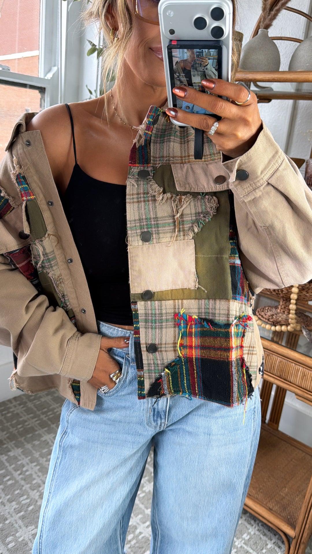 Care Free Plaid Patch Button Down Jacket, Khaki