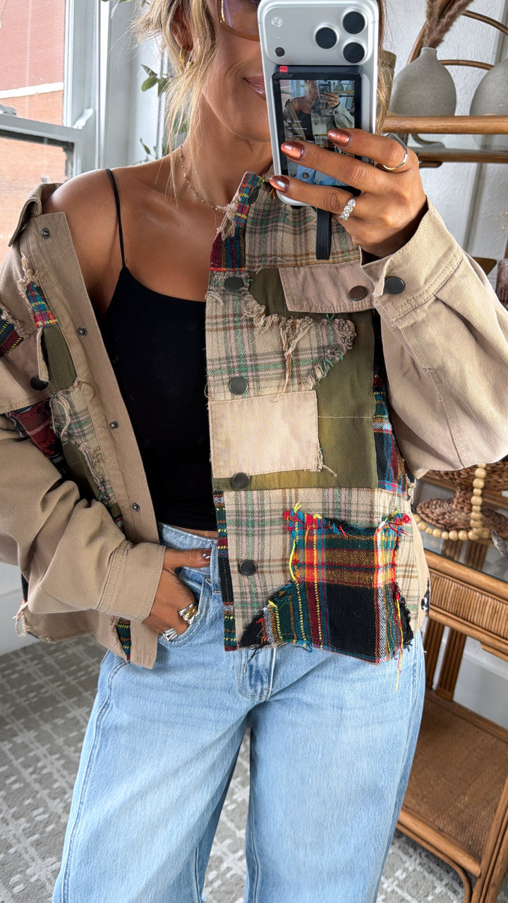 Care Free Plaid Patch Button Down Jacket, Khaki