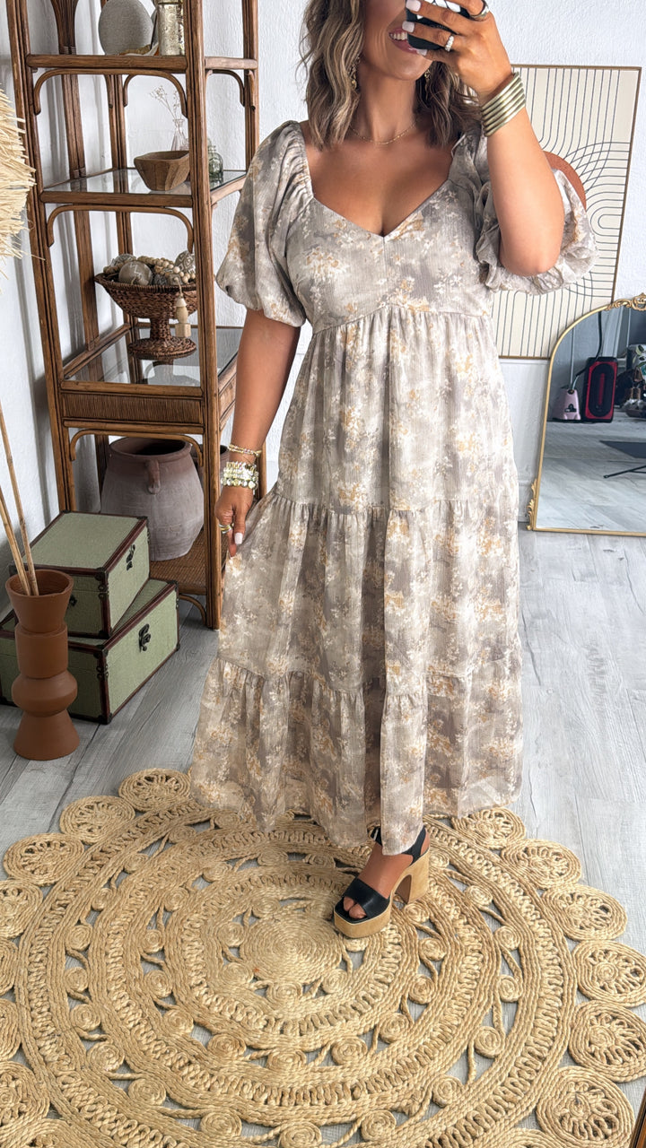 Granite Hues Whimsical Bubble Sleeve Maxi Dress, Taupe