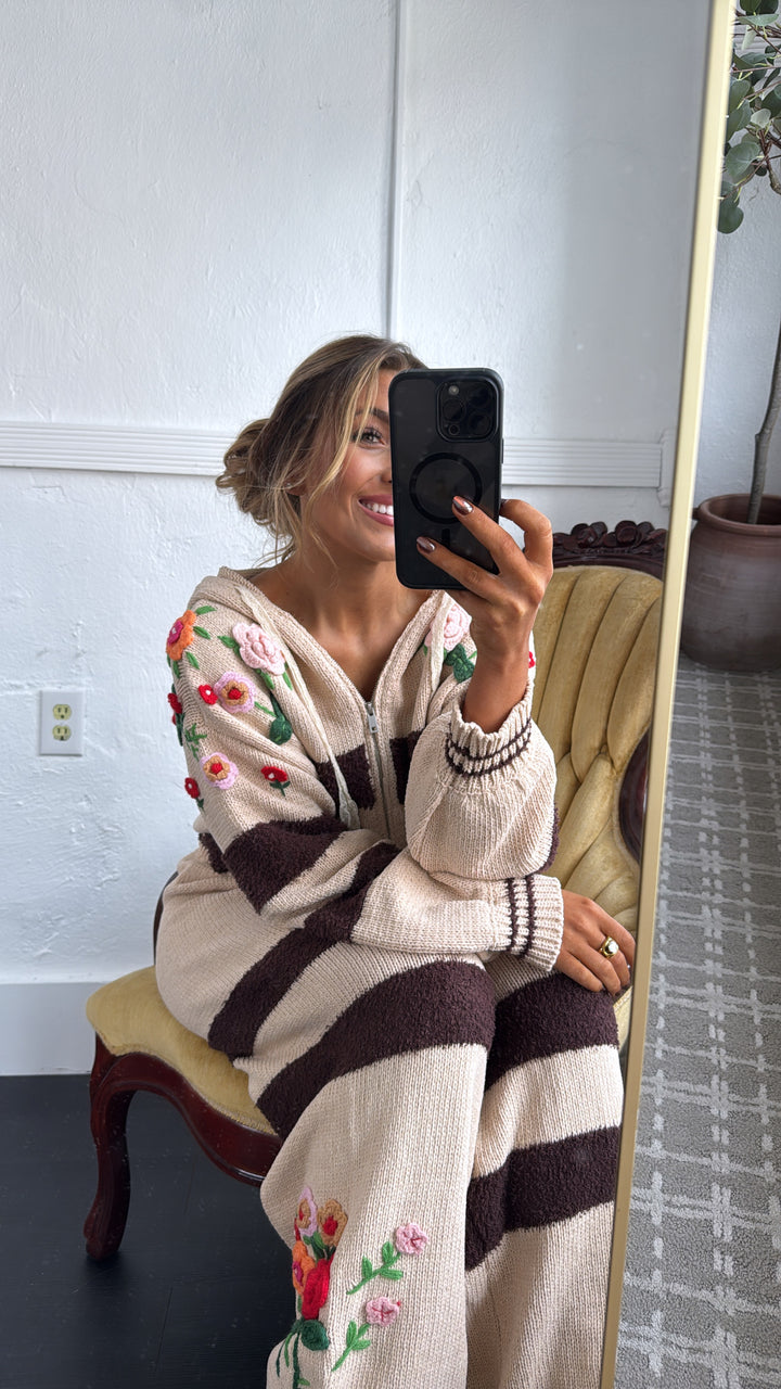 Striped Floral Detail Zip Up Sweater, Mocha Multi