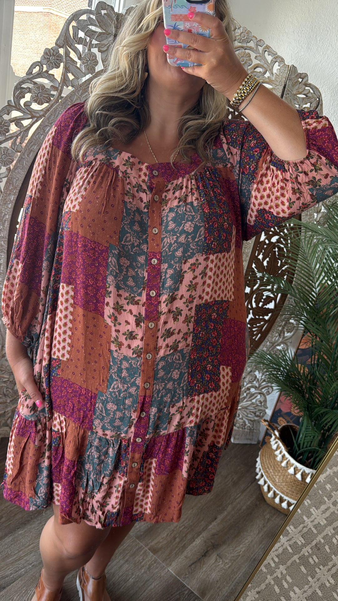 Boho Chic Long Sleeve Patchwork Mini Dress