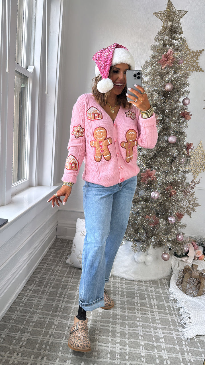 Holiday Gingerbread Man Cardi, Pink
