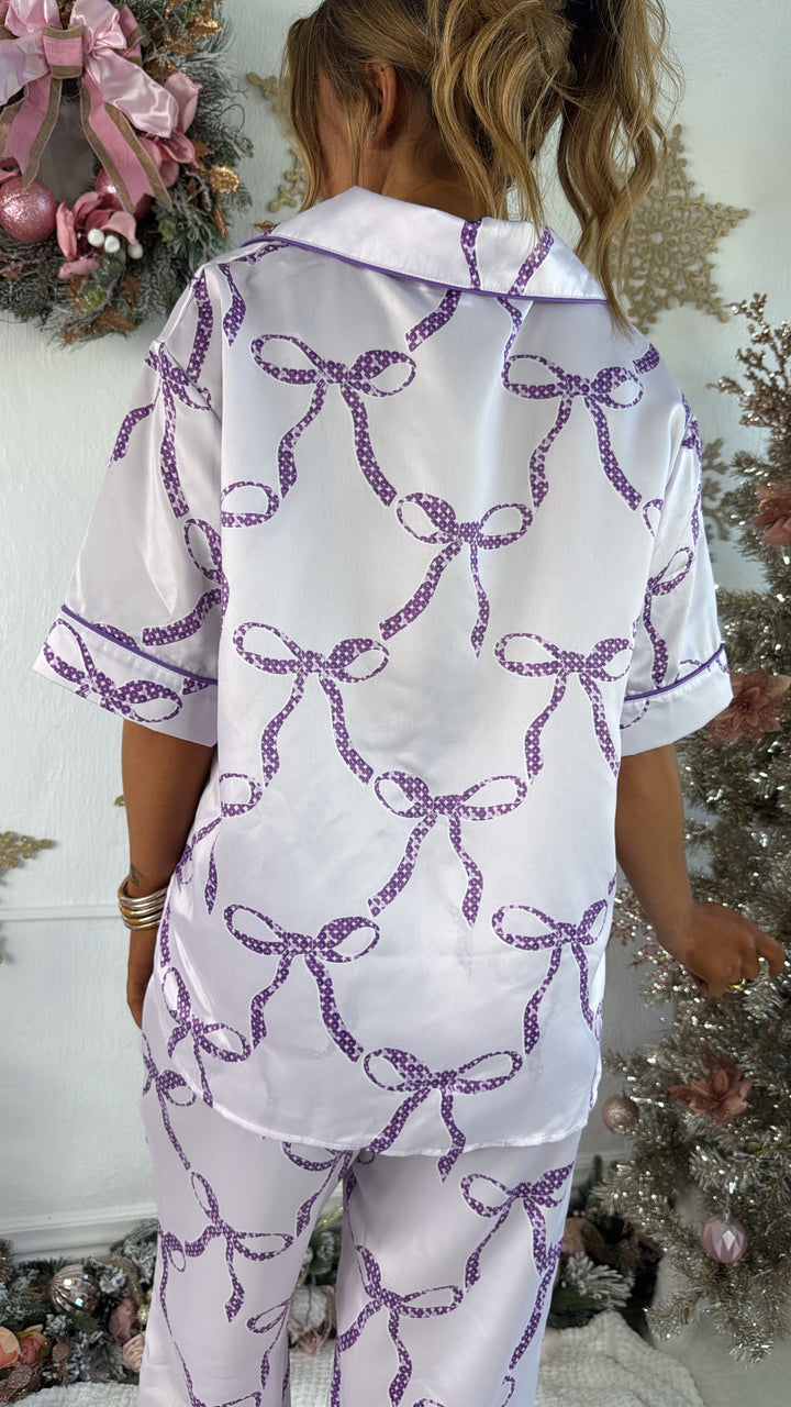Bliss & Bows Satin Pajama Set, Purple