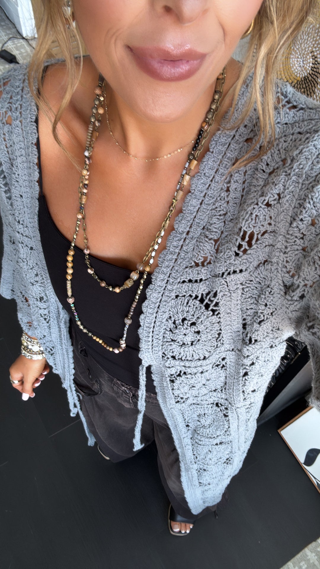 Something Light Crochet Tie Cardigan, Stone Grey
