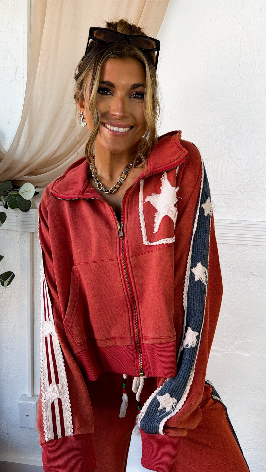 American Dream Patch Zip Up Jacket, Washed Red