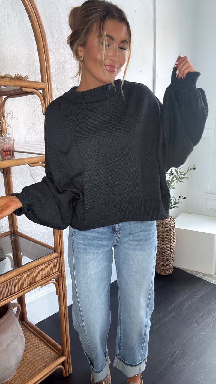 Elevated Basic Balloon Sleeve Sweater, Grey/Black