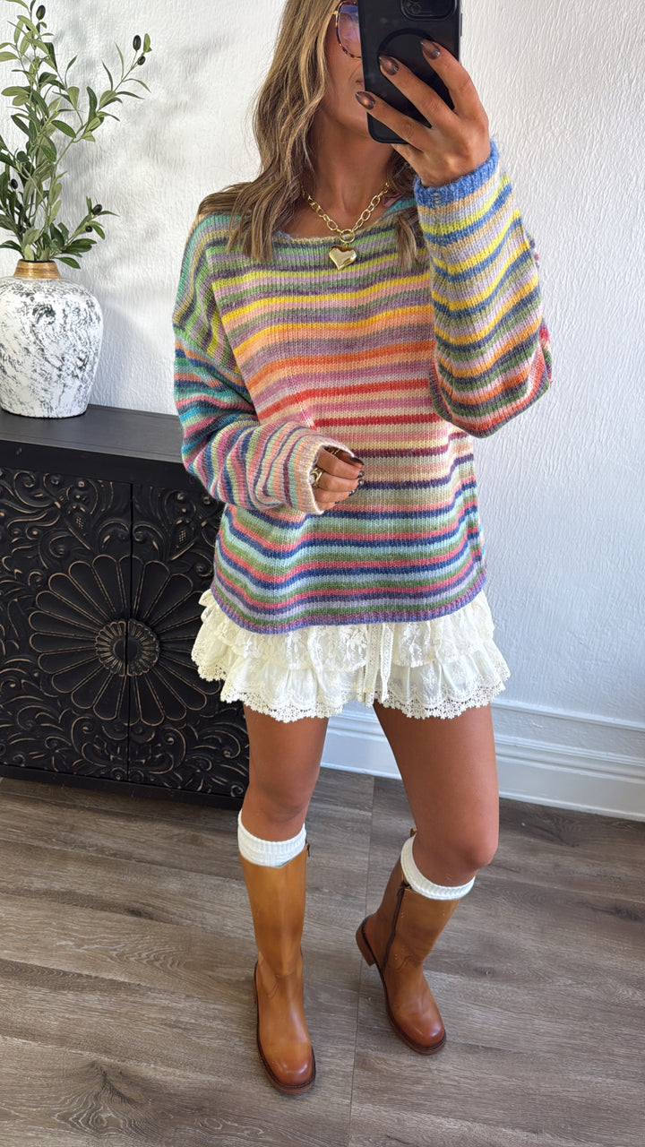 Painted Knit Striped Sweater, Purple/Sky