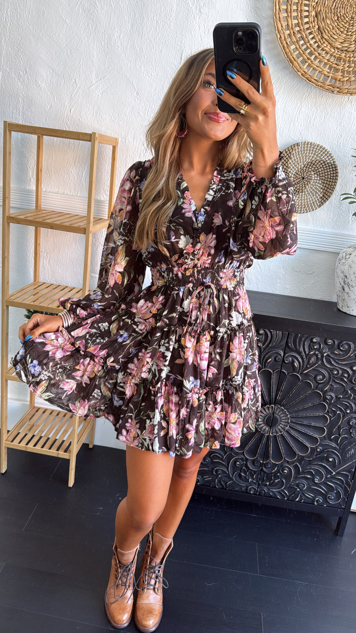 Midnight Flower Mini Dress, Chocolate Multi