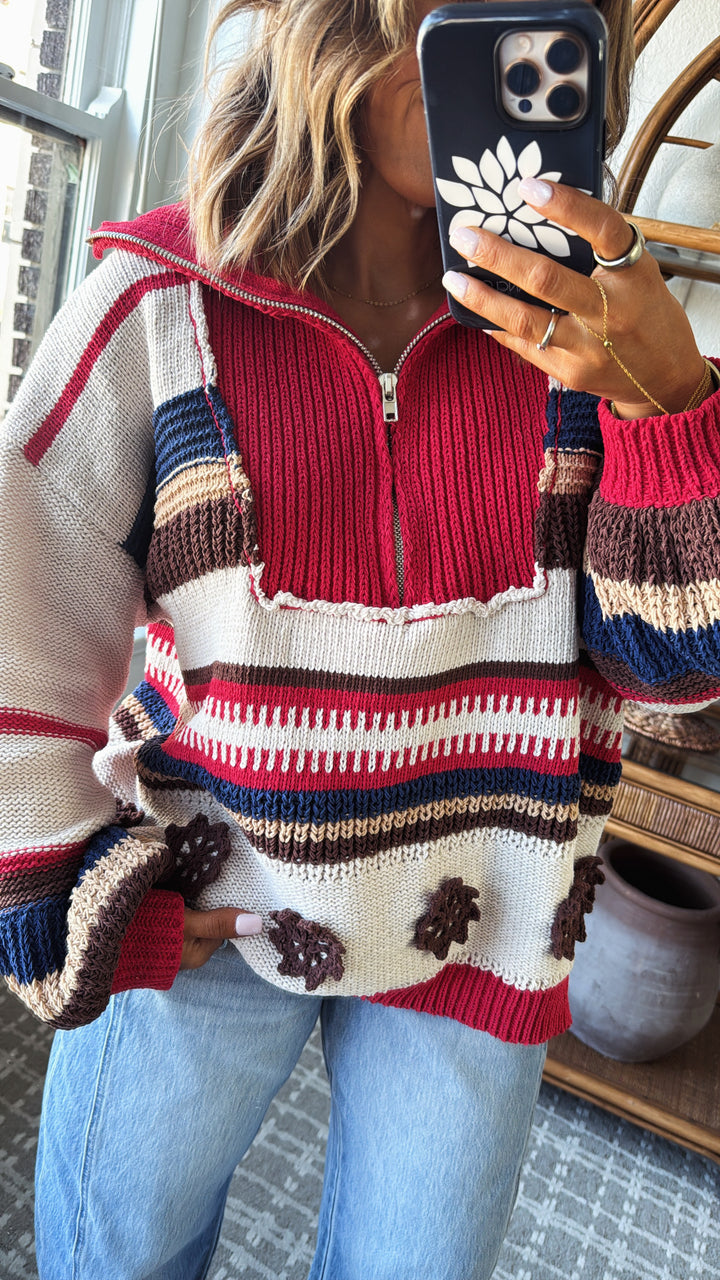 The Cabin Half Zip, Sand/Red Multi