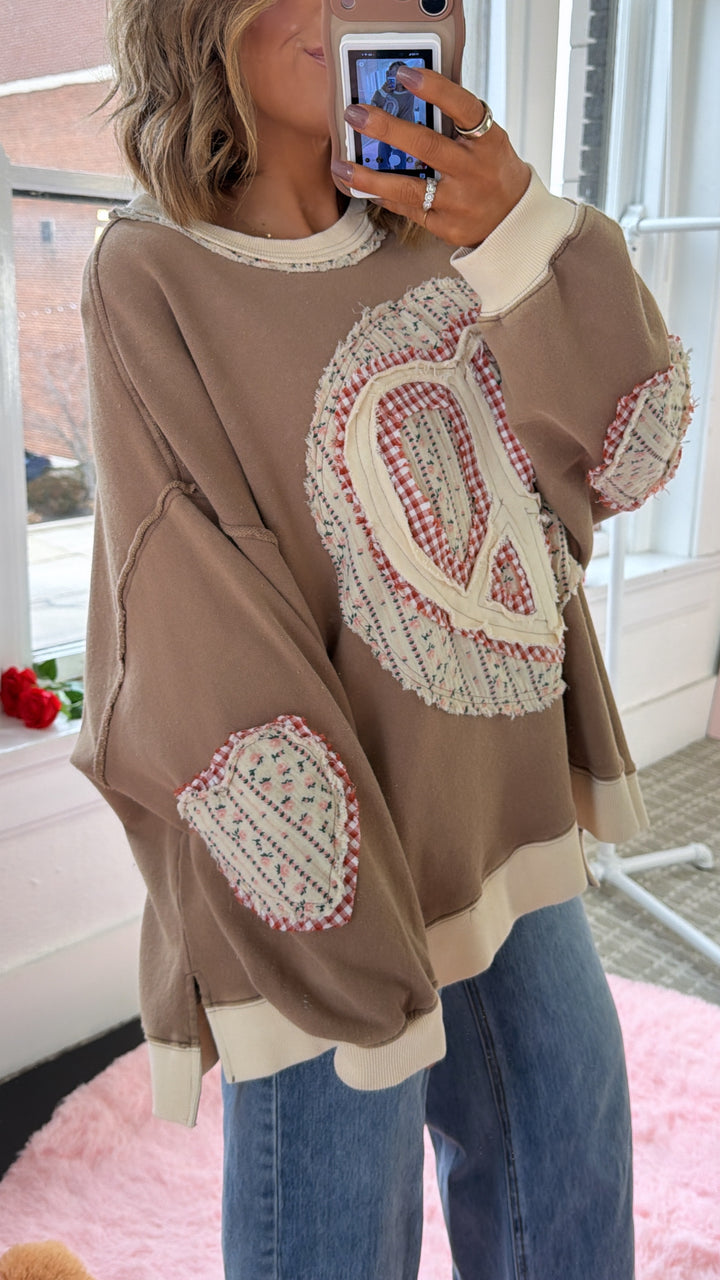 Heart In Peace Patchwork Top, Mocha