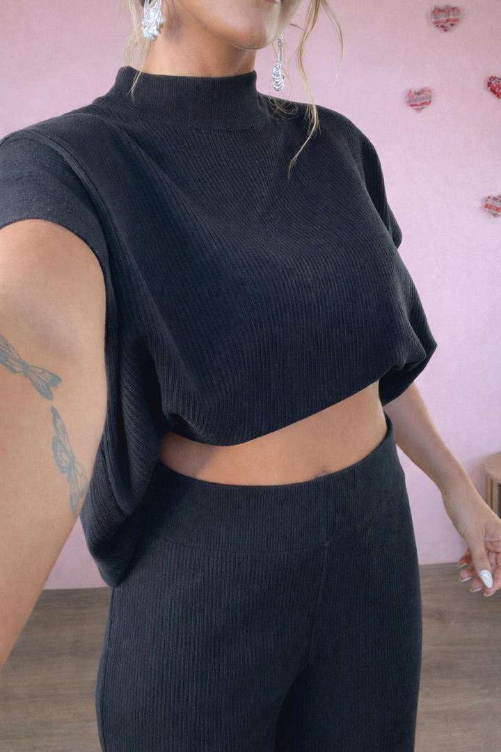 BY TOGETHER: Black Two Piece Ribbed Set