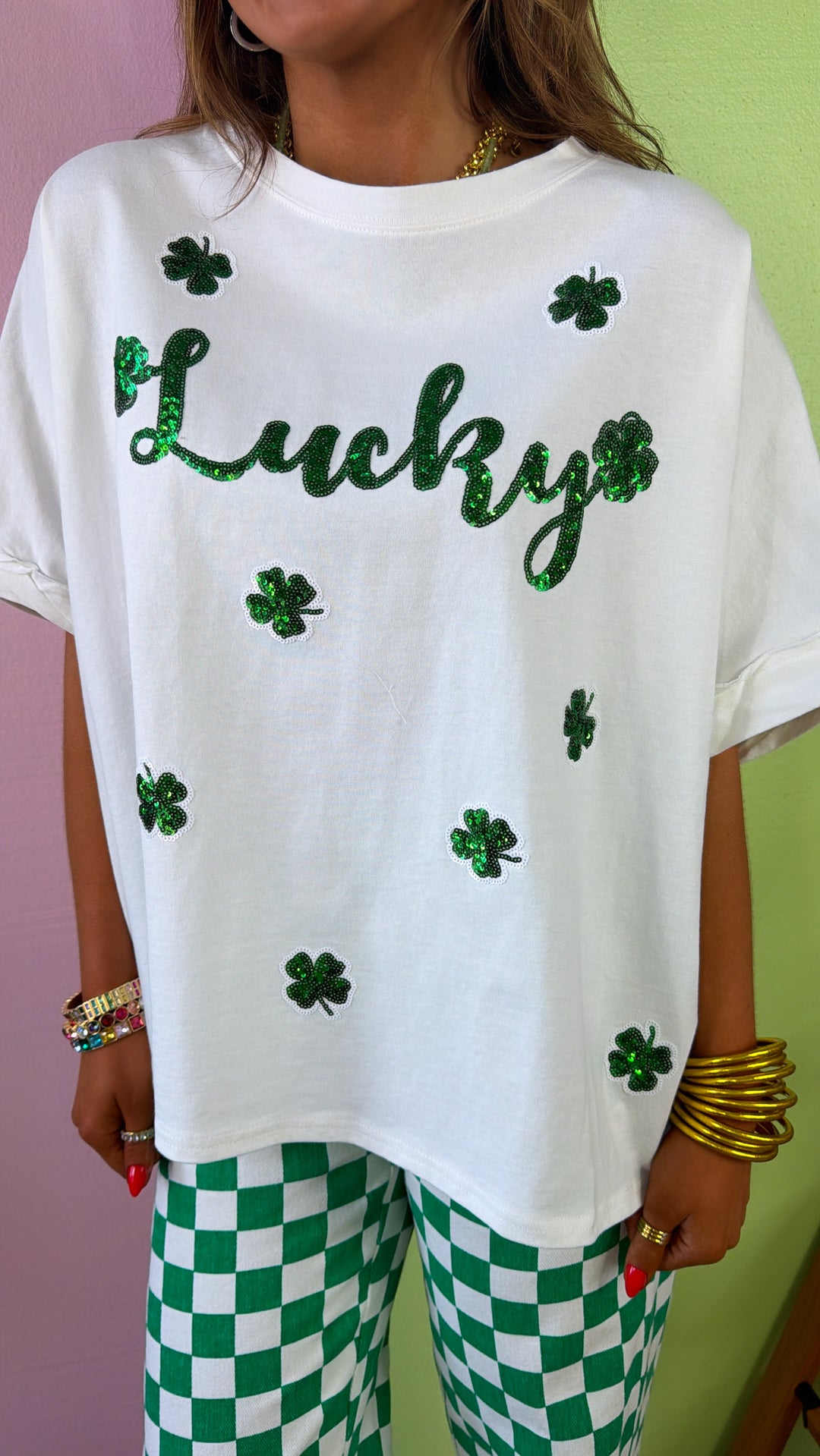 Lucky Sequin Patch Top, White