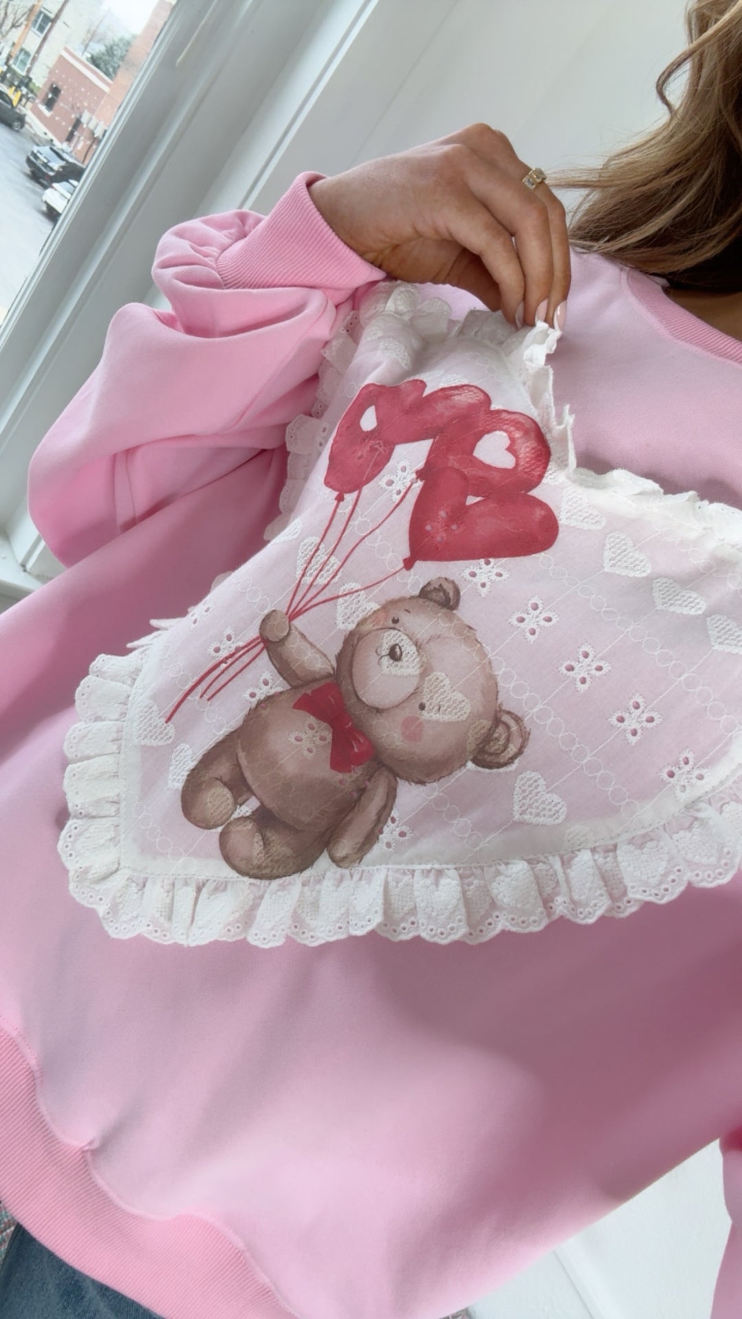 Valentines Bear Patched Sweatshirt, Pink